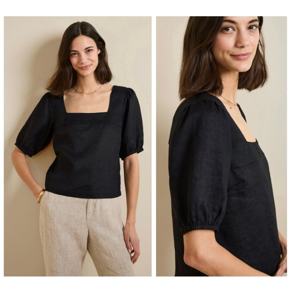 NWT Garnet Hill Linen Square-Neck Top in Black - Picture 1 of 7